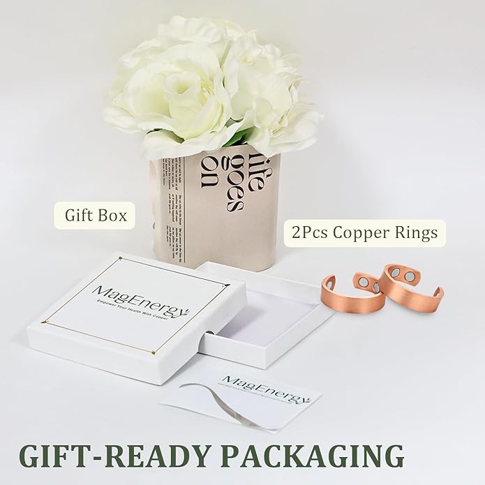 MagEnergy 2PCS Copper Rings for Men & Women, 99.9% Pure Copper Magnetic Adjustable Thumb Ring with Strong Magnet, Jewelry Gift with Present Box
