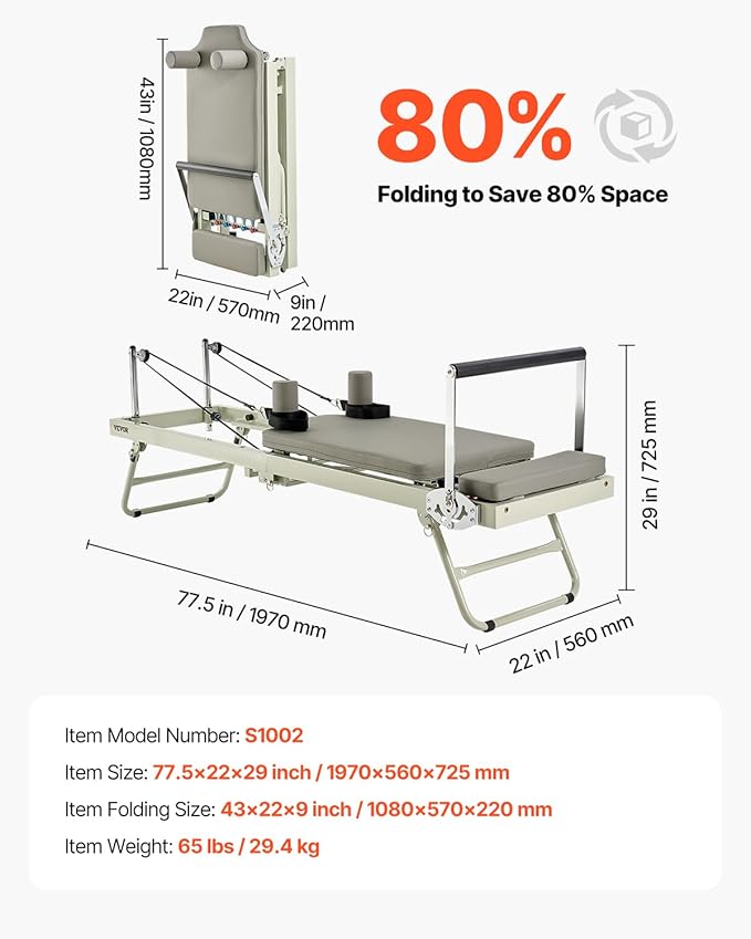VEVOR Pilates Reformer, 91" Foldable Reformer Pilates Machine with Adjustable Reformer Heights, Pilates Equipment for Home Gym Studio Use with Dual Resistance Spring and Jump Boards