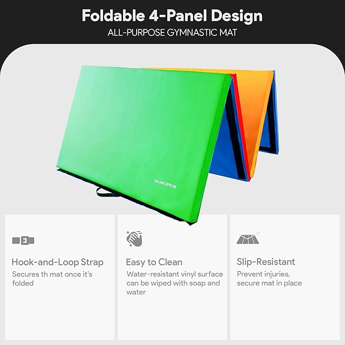 BalanceFrom 10x4 Feet 4-Panel Folding Gymnastics Mat – 2-Inch Thick Pad with Vinyl Surface and Carrying Handles for Tumbling, Yoga, Pilates, Home Workouts, and Martial Arts