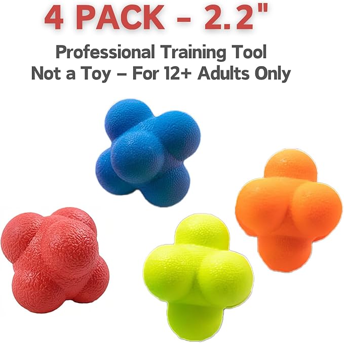 Reaction Balls 4 Pack, 2.2-2.8 Inch - Hand-Eye Coordination Trainer, Reflex & Agility Training Equipment for Baseball, Handball, Sports & Fitness for Outdoor Fun, (only for 12+ Adults)