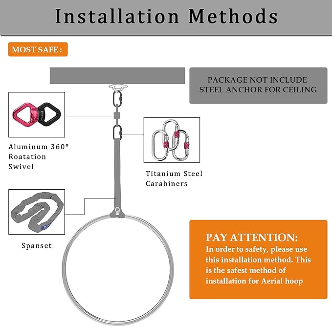 DASKING Professional Aerial Hoop Kit - 85cm (33.5")/90cm (35.4") Aerial Ring Set, 2-Ton Safety System Anti-Slip Grip & Portable Storage Bag