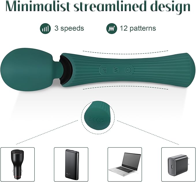 Handheld Personal Portable Cordless Waterproof Rechargeable Massager - 12 Modes 3 Speeds, Quiet Function & Soft Silicone for Neck, Shoulder, Back Pain Relief - Rose Green