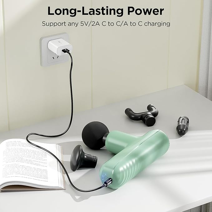 Mini Massage Gun, Powerful Handheld Muscle Massager for Muscle Relaxation, Deep Tissue Percussion Small Massage Gun Travel Massager with 4 Massage Heads Silent Brushless Motor, Green