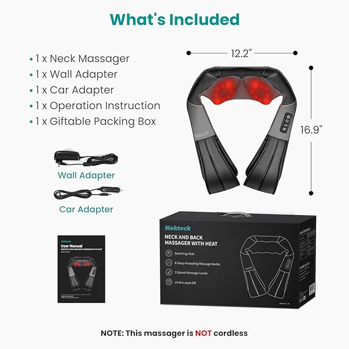 Nekteck Shiatsu Neck Massager with Heat for Pain Relief Deep Tissue, 2026 Upgraded 3D Back Shoulder Kneading Massage Pillow, Body Muscle Relaxation Tools Gifts for Him Her, Black (NOT Cordless)