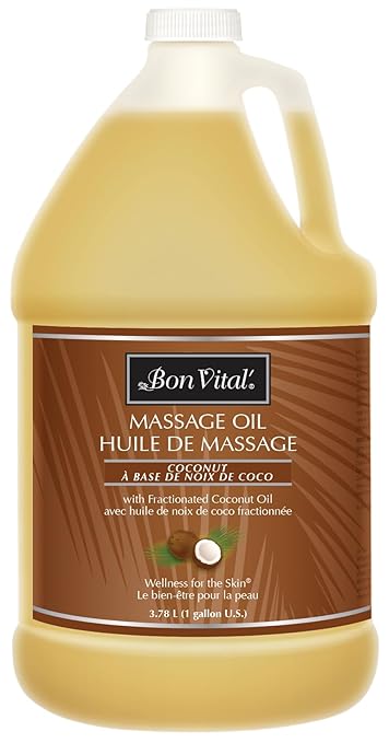 Bon Vital' Coconut Massage Oil, 1-Gallon Container, 100% Pure Fractionated Coconut Oil for Dry Skin, Lightweight Non-Greasy, Neutral Scent, Non-Staining, for Massage Therapy & At-Home Use