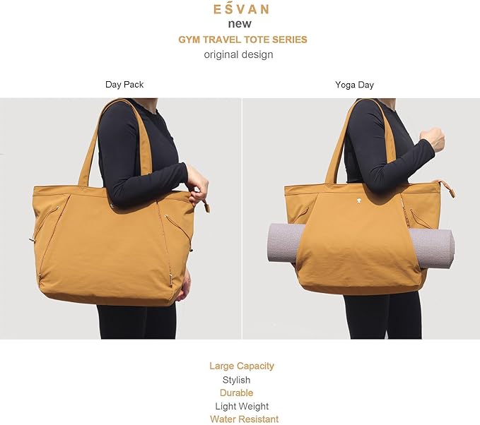 ESVAN Yoga Tote Bag for Women Shoulder Bags Drawstring for Office Workout Travel Carryall Pilates Gym and Beach