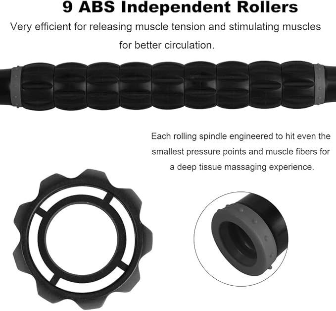 YANSYI Deep Tissue Massage Stick Professional Muscle Recovery Roller - 9-Roller for Post-Workout Soreness, Leg & Back Pain Relief - Portable Physio Tool for Athletes (Gray)