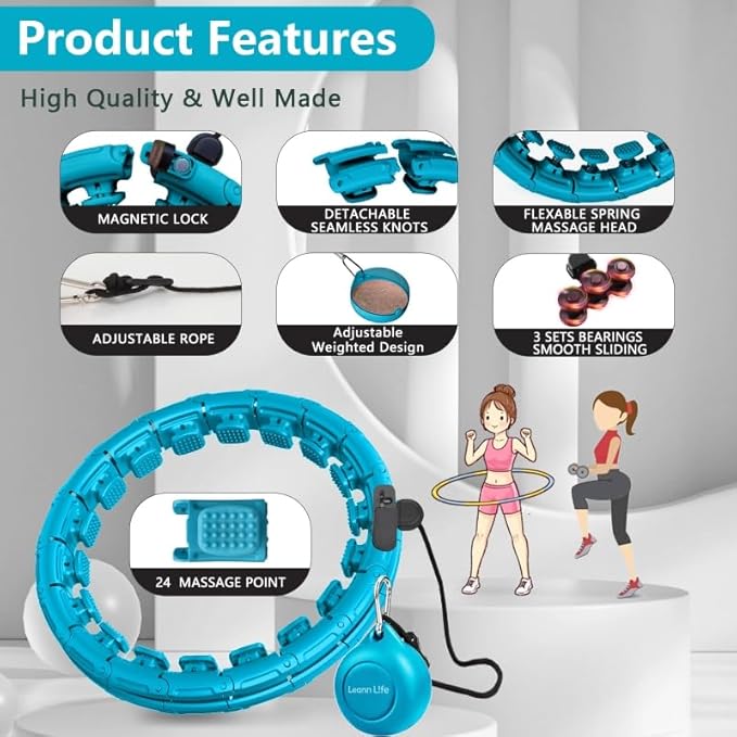 U1 Weighted Hula Hoop 30 Knots 19"-61" for Adults with Waist Trimmer Belt & Durable Wash Bag Bundle– Fitness Hoop for Exercise, Workout, Slimming & Home Gym