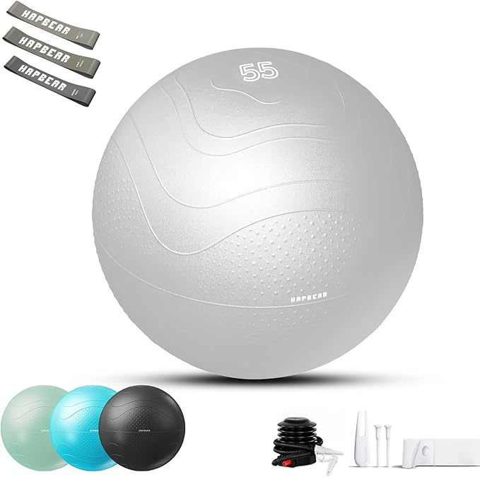 HAPBEAR Exercise Ball (22''/26''/30'') - Anti-Burst Slip-Resistant Yoga/Pilates Ball for Core Training & Posture Improvement, Home Gym/Rehab/Pregnancy Ball, Quick Pump & 3 Resistance Bands Included