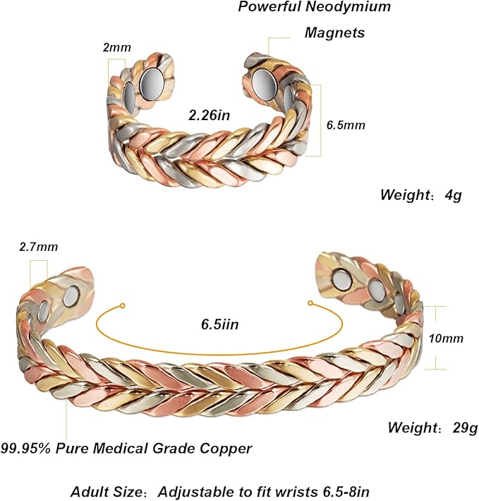 Copper Bracelet for Women, Pure Copper Suit Adjustable Three-Color Gold Braid Magnetic Bracelet Ring, Fashsion Jewelry Presents（0932 2040）