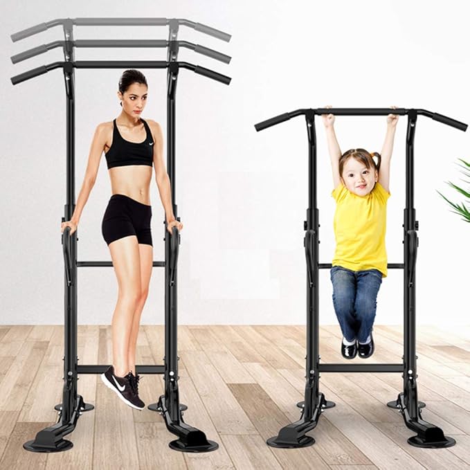 Dland Power Tower Adjustable Height Pull Up and Dip Station Multi-Function Home Strength Training Fitness Workout Station Sturdy Chin-Up Bar Stand Dip Station,Black