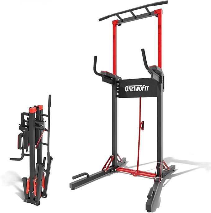 ONETWOFIT Foldable Power Tower Pull Up Bar Station, Multi-Function Adjustable Height Pull Up Dip Station for Gym Workout, Strength Training Fitness Equipment, Pull Up Stand Pro 400LBS/Pro Max 600LBS