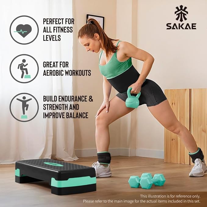 SAKAE Adjustable Aerobic Stepper Kit with Dumbbells & Kettlebell & Weightlifting Belt & Measuring Tape, 2 Level Risers Exercise Step Platform for Home Gym Exercise Fitness Workout, Multiple Colors