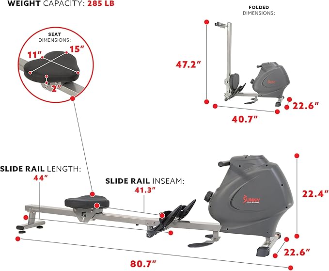 Sunny Health & Fitness Foldable Magnetic Rower, Long Rail & Extended Inseam Range for Home Cardio Workout, Free SunnyFit Training App, Optional Footplate for Standing Exercises