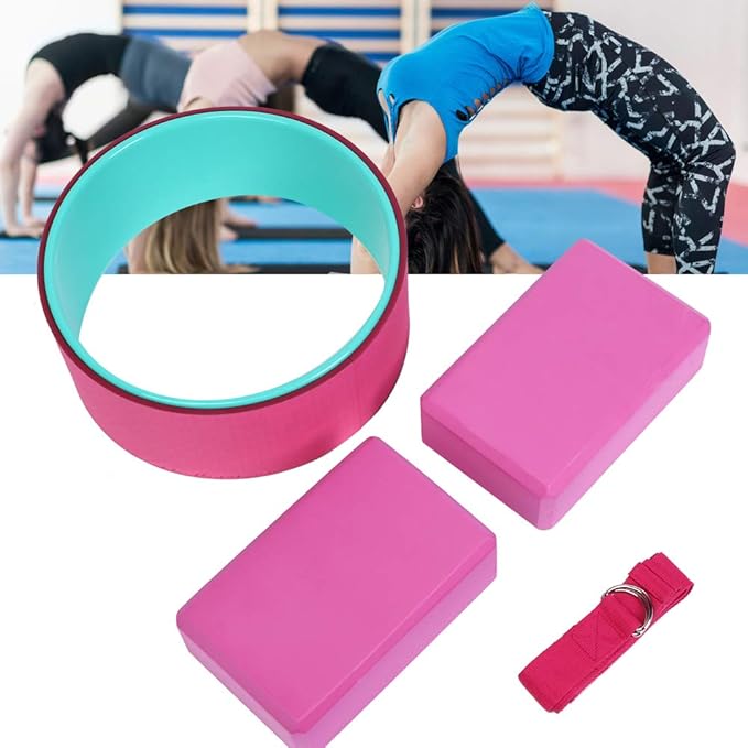 4pcs Yoga Wheel Set with 2 EVA Blocks and Cotton Stretch Strap, Premium ABS Back Pain Relief Fitness Kit for Deep Stretching, Home or Studio Use