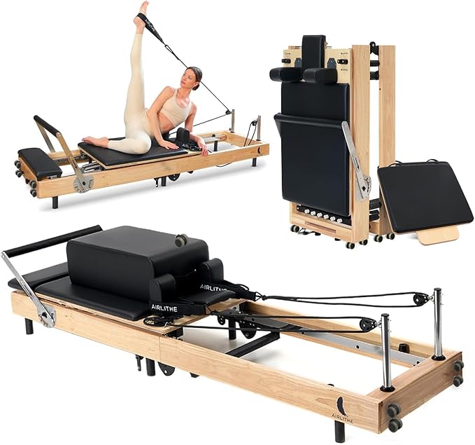 Airlithe Foldable Pilates Reformer Machine|Wooden Frame Reformer Machine with Strings, Versatile Accessories & 50+ Expert-Guided Workouts|Equipment for Strength Training, Rehabilitation, & Flexibility