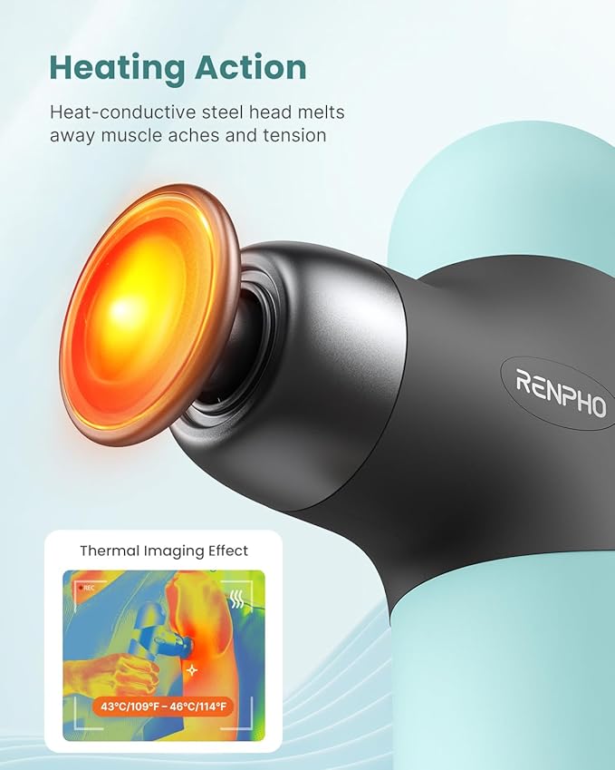 RENPHO Mini Thermal Massage Gun with Heat, Portable Deep Tissue Percussion Massager with 4 Heads for Neck & Back Comfort, Ultra-Quiet Operation for Home, Office & Travel, Includes Compact Carry Case