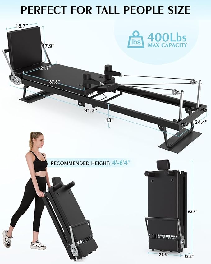 91.3" Pilates Reformer Foldable, TYRSEN Adjustable Pilates Machine, Springs and Cords Dual Resistance Customizable, Longer Smooth Rail, Jump Board, Full-Body Workout Equipment Home Use, Up to 400 lbs