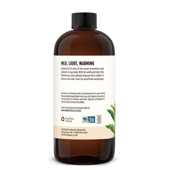 Banyan Botanicals Organic Refined Sesame Oil – Premium Ayurvedic Massage Oil for Body & Skin – Light & Mild Scented Warming Oil for Abhyanga Self-Massage – 16 oz – USDA Organic