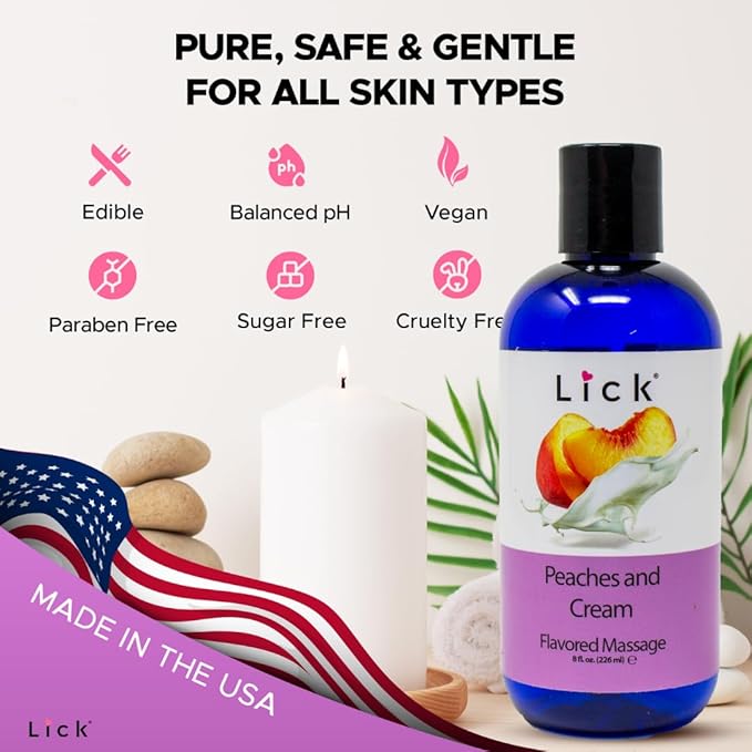 Lick Peaches and Cream Flavored Massage Oil – Sweet Dessert-Inspired Edible Massage Oil with Vitamin E, Smooth Body-Safe Glide for Couples Massage Nights, 8 oz