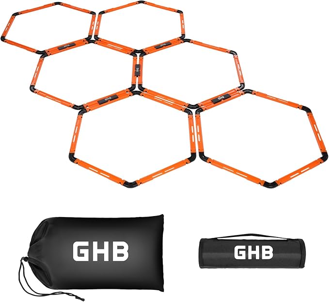GHB Hex Agility Rings (6 Set) with Carry Bag, Portable Hexagon Speed Rings for Footwork Training, Football, Soccer, Boxing, Adjustable Layout for Drills & Fitness