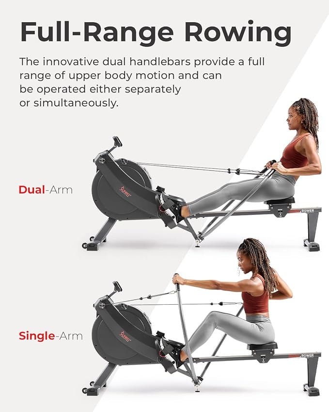 Sunny Health & Fitness Full-Motion Rowing Machine w/Adjustable Resistance, Low-Impact Full-Body Workout Rower w/Long Slide Rail, Space-Saving Design, Free SunnyFit App Connection