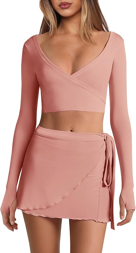 Nirovien Womens 2 Piece Workout Sets Sexy Pilates Outfits Athletic Gym Yoga Sets Ballet Wrap Top and Skirt