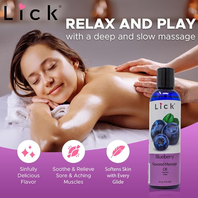 Lick Blueberry Flavored Massage Oil – Sweet Berry Edible Massage Oil with Sweet Almond Oil & Vitamin E, Lightweight Smooth Glide for Couples Massage & Play, 4 oz