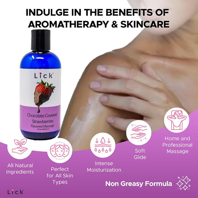 Lick Chocolate Covered Strawberries Massage Oil – Gourmet Dessert Edible Massage Oil with Almond Oil & Vitamin E, Luxurious Glide for Romantic Couples Massage, 8 oz