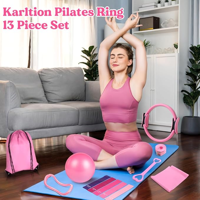 Pilates Ring 13 Piece Set,Pilates Kit for Women Exercise Equipment Accessories Deformation Magic Circle with Padded Handles, Workouts Ball, Guide & Bag, Resistance Bands for Legs Arms and Thighs