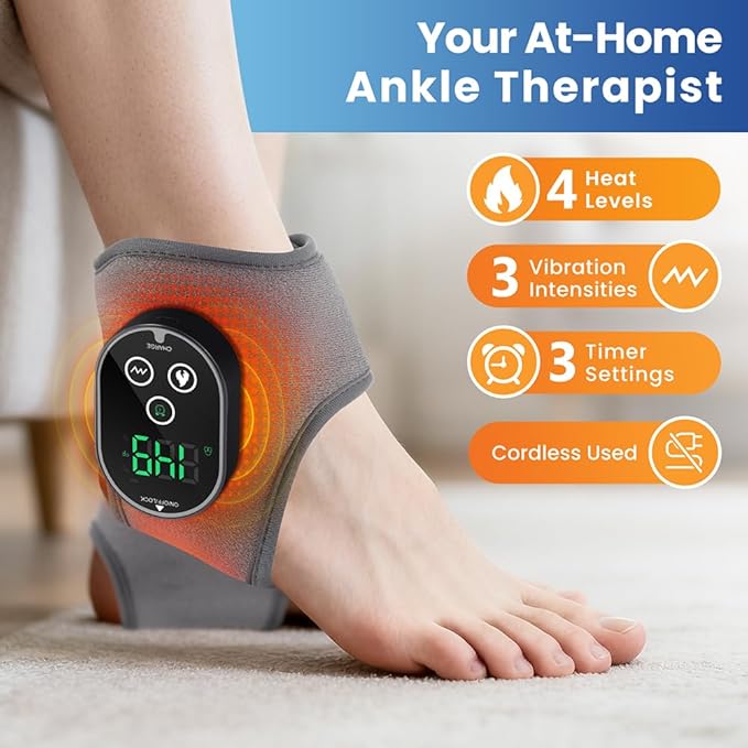 2PCS Cordless Ankle Heating Pad with Massager, Foot and Ankle Massager with Heat, Rechargeable Heated Foot Brace Wrap, 3 Vibration and 4 Heating Modes