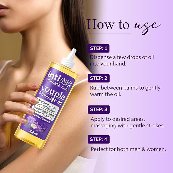 Couple Massage Oil with Lavender & Chamomile. Soothing Touch for Pure Relaxation during intimate moments. Nourishing Natural Ingredients like Almond Oil & Vitamin E - 7 Fl Oz