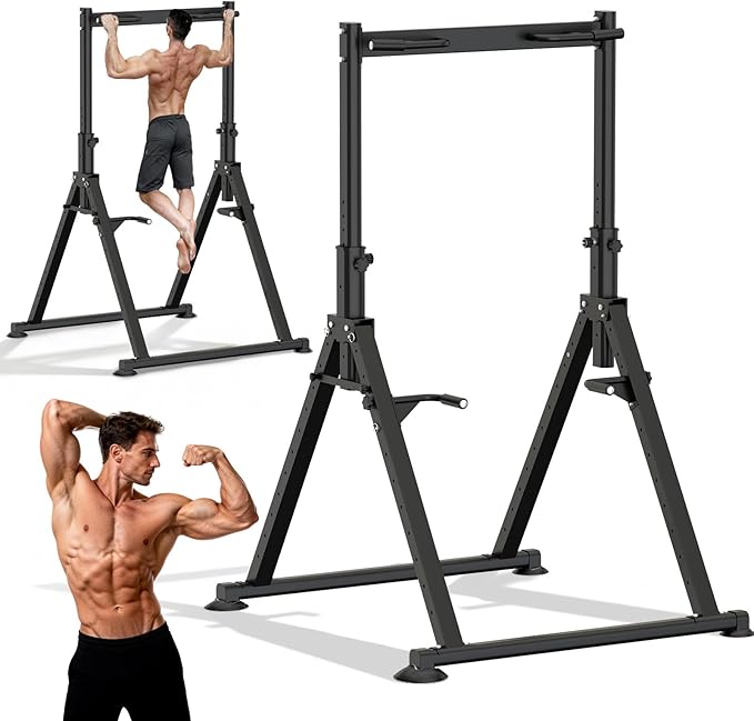 Folding Power Tower Dip Station Pull Up Bar, Multifunctional Pull Up Tower Adjustable Height, Triangular Structure Strength Training Workout Equipment for Home Gym Fitness