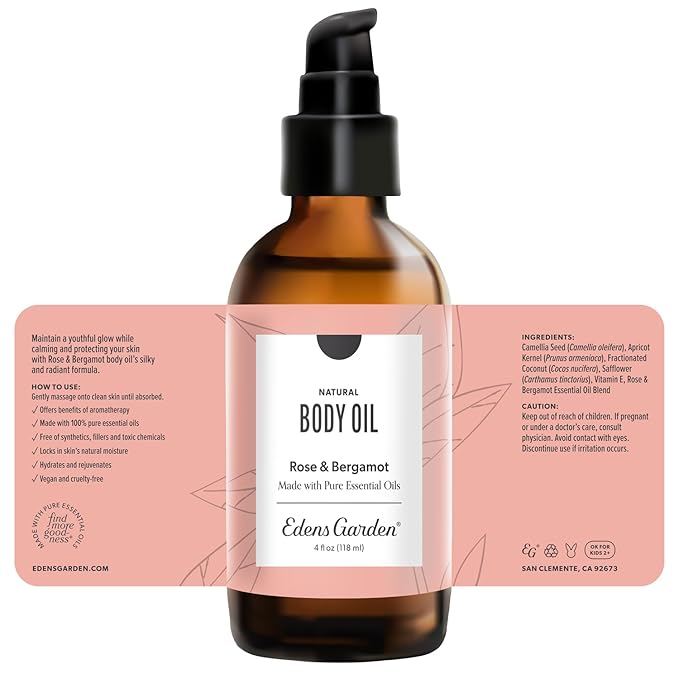 Edens Garden Rose Bergamot Bath & Body Oil – Tranquil Blend with Pure Essential Oils & Vitamin E for Healthy-Looking Skin, Face & Body Moisturizing – After Shower Floral Scented Oil, 4 fl oz (118 ml)