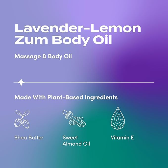 Indigo Wild Zum Lavender-Lemon Body Oil - Nourishing Body Massage Oil for Massage Therapy & Hydration - Nourishing, Vegetarian Massaging Oil with Sweet Almond Oil - 4 fl oz