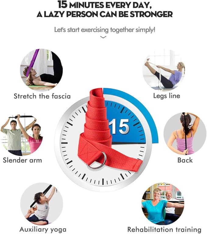 Cotton Exercise Yoga stretch Strap - Sturdy Flexibility Tensile Belt Adjustable Metal D-Ring Buckle, Hold Poses for Daily Stretching, Pilates, General Fitness, and Physical Therapy