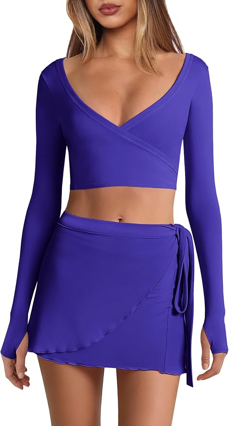 Nirovien Womens 2 Piece Workout Sets Sexy Pilates Outfits Athletic Gym Yoga Sets Ballet Wrap Top and Skirt