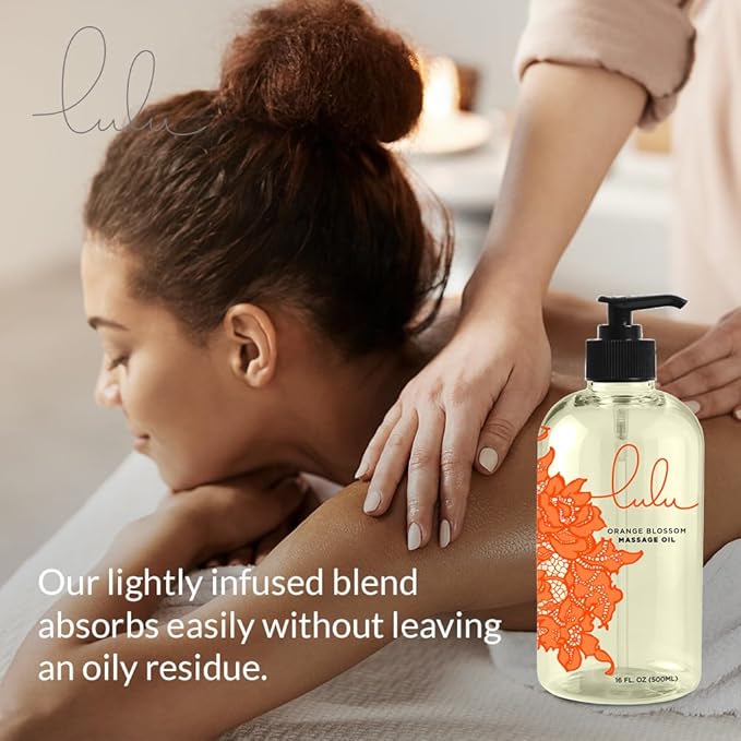Lulu Orange Blossom Massage Oil, Sweet Almond, Jojoba & Macadamia Oils, Lightweight Non-Greasy Body Oil Smooth Skin & Relaxation Aromatherapy Date Night Couples Massage & Massage Therapy 16 fl oz Pump