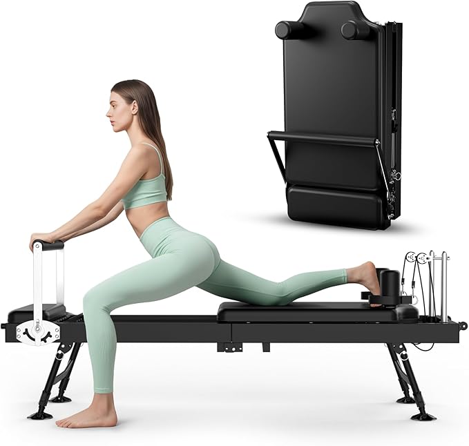Pilates Reformer, Foldable Reformer Pilates Machine with Adjustable Reformer Heights, Up to 440 LBS Weight Capacity Suitable for Home Use and Studio, Advanced and Beginners Users