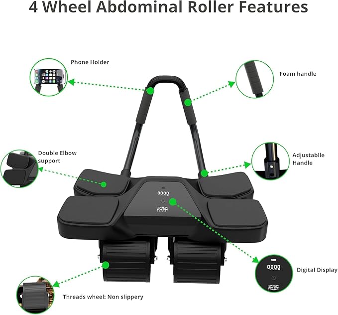 Ab Roller Home Gym Equipment – 4 Wheels Ab Wheel Muscle Roller with LCD Screen, Yoga Stretching Strap, 3 Resistance Bands – Comfortable Elbow Support with Non-Slip Handles – Time and Calorie Count