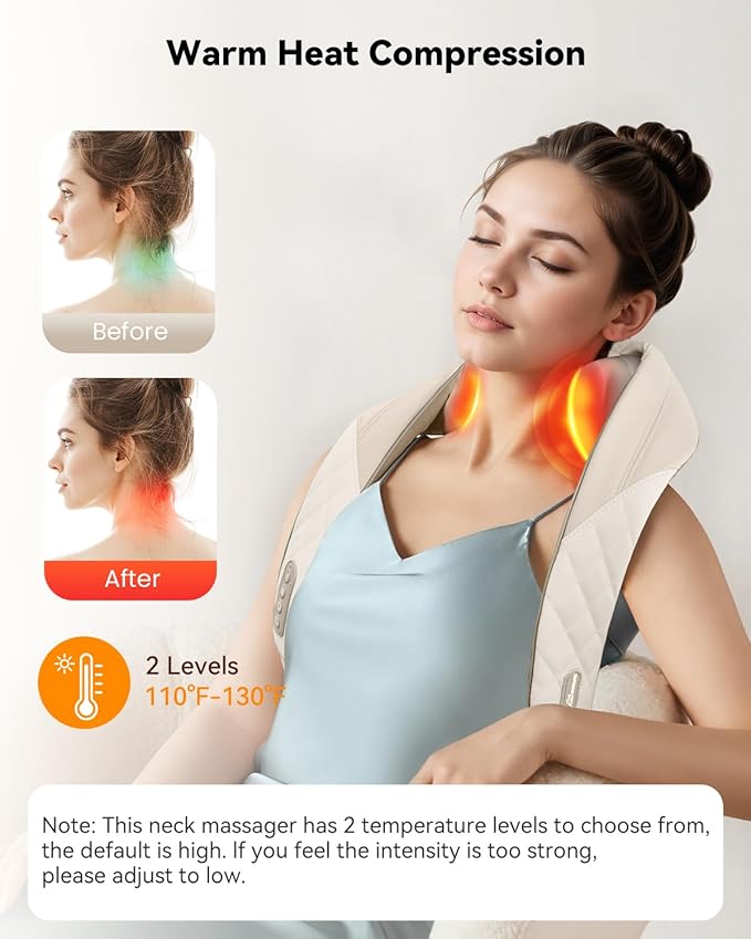 Snailax Cordless Neck Massager with Heat, Shiatsu Neck and Shoulder Massager for Deep Tissue, Kneading Back Massage Pillow for Leg, Body, 2 Heating Levels, Gifts for Men Women