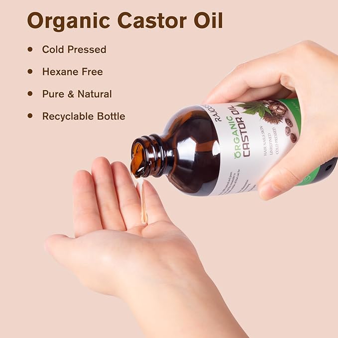 Castor Oil Pack with 8oz Castor Oil Organic Cold Pressed, Cotton Castor Oil Wrap for Waist Back Neck Arm, Self-Adhesive for Convenient Use (50pcs Patch with Oil)