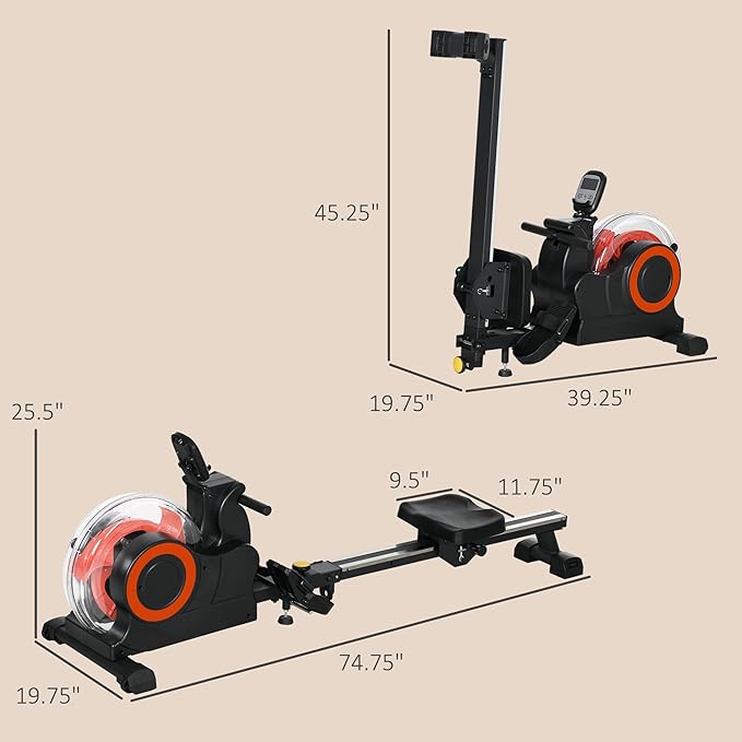 Water Rowing Machine Foldable Rower with Adjustable Water Resistance 264 LBS Capacity LCD Monitor Tablet Holder Transport Wheels for Home Cardio Workout Red