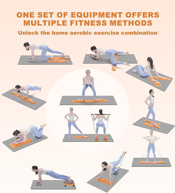 Pilates Board, 12 in 1 Mini Plilates Reformer Set, Multifuncional Portable Pilates Reformers Board for Home Workout, Free Combination 100+ Exercise Mode