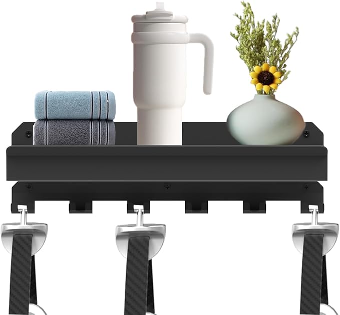 24 Inch Metal Floating Shelf Compatible with Tonal Accessories, Wall Mounted Home Gym Storage Organizer with T-Lock Adapters, 6 Pre-Installed Brackets & Hooks, Black Workout Equipment Holder(Black, 1)