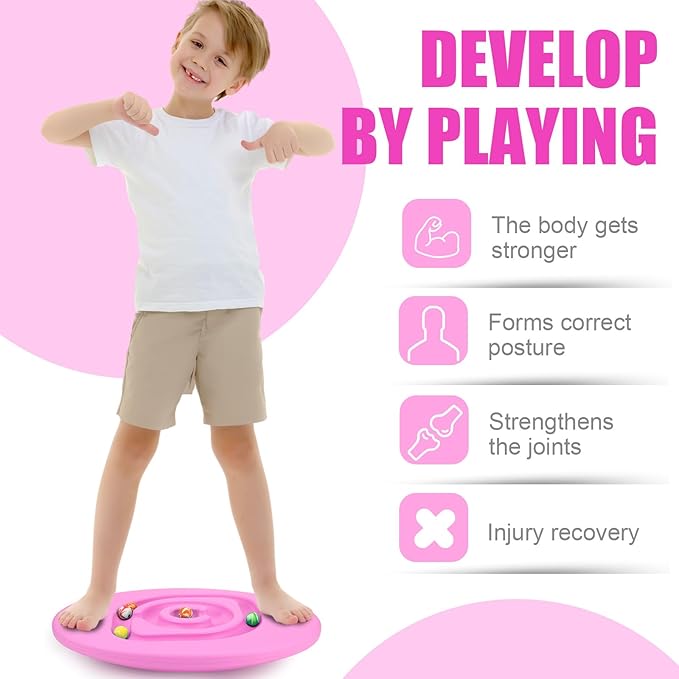 Kids Maze Balance Board Plastic Wobble Rocker Balance Board with Mini Balls Load 170lb for Balancing Exercise Equipment Game Boys Girls Physical Therapy 18.5 x 14.57 Inch(Pink,Round)