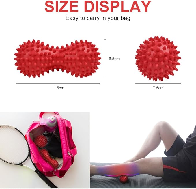 URAQT Spiky Massage Ball Set, 2 Pack Physical Therapy Massage Balls, Hard Lacrosse Ball & Spiky Massage Ball for Myofascial Release and Trigger Point Deep Tissue Massage (Red)