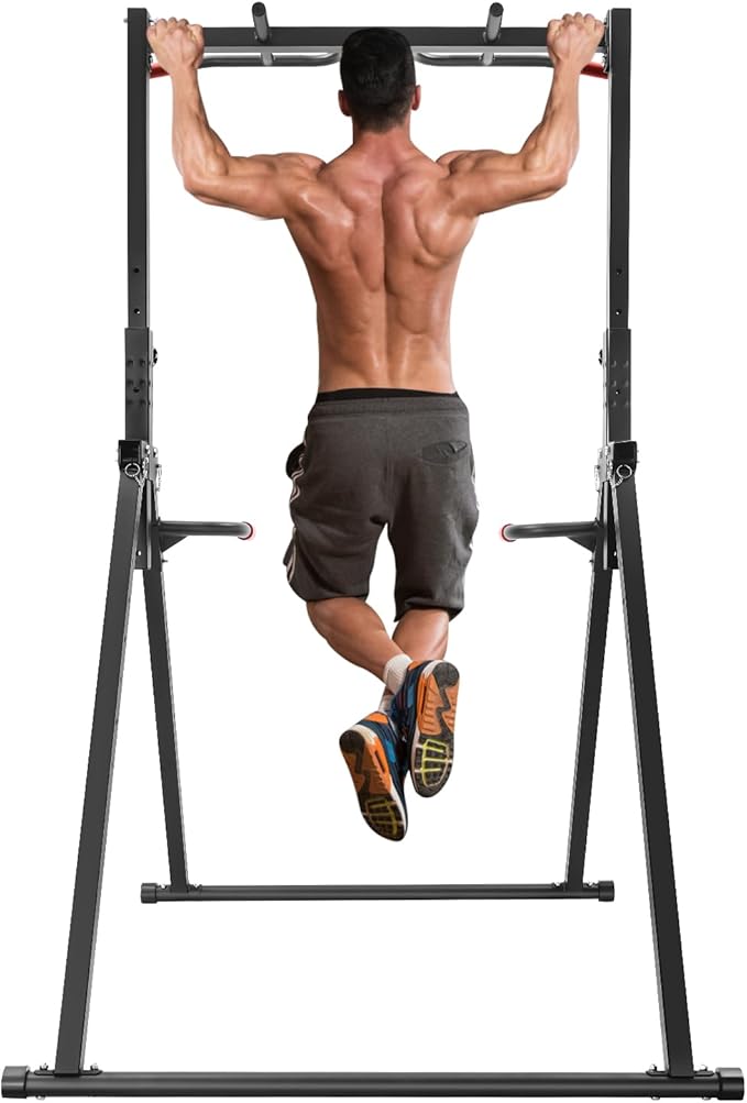 Power Tower Pull Up Bar Station, 3.81 x 4.36Ft Triangular Gym Strength Training Equipment with Adjustable Height, 440Lbs Free Standing Pull Up Rack Dip Station for Home & Gym