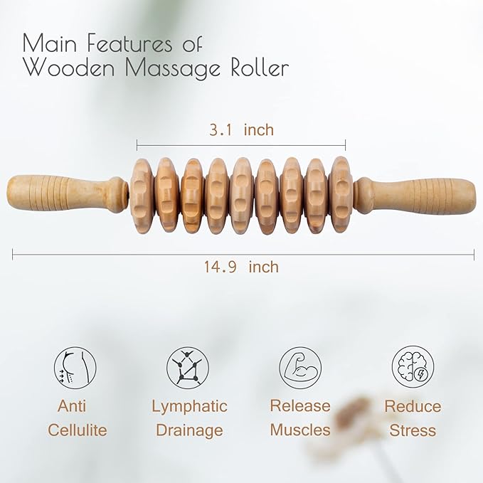 Wooden Massage Roller for Body Shaping, Wood Therapy Roller with 9 Rotating Rollers, Anti-Cellulite Body Sculpting Massage Tool for Muscle Relaxation