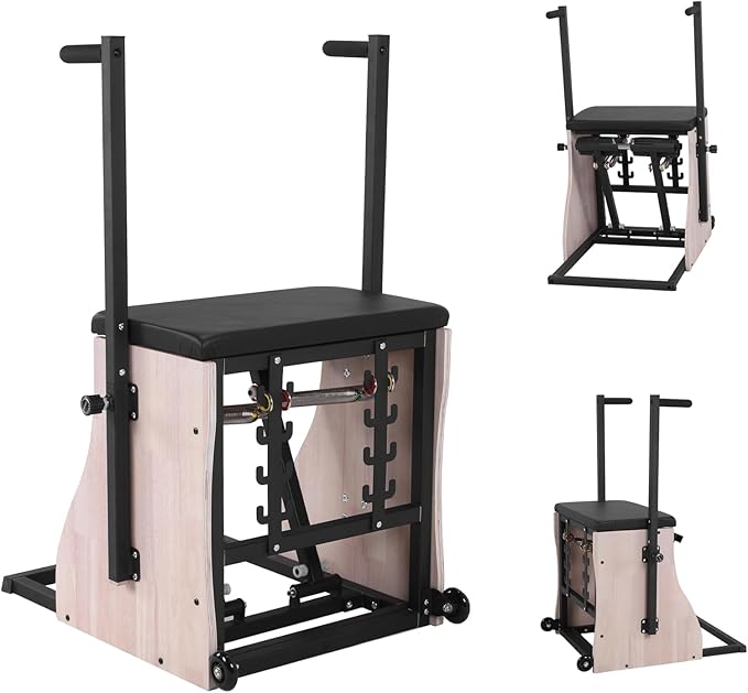 Generic Oak Wood Pilates Chair Reformer Machine with Adjustable Resistance Handles Split Pedals Professional Yoga Chair Pilates Machine for Equipment for Home Use Gym Workout